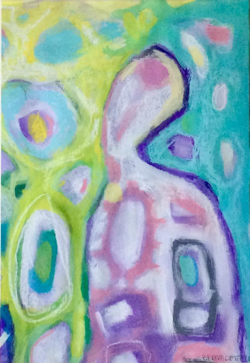 Schilderij van Bernadette van der Horst in geel, turquoise en zachte pasteltinten
